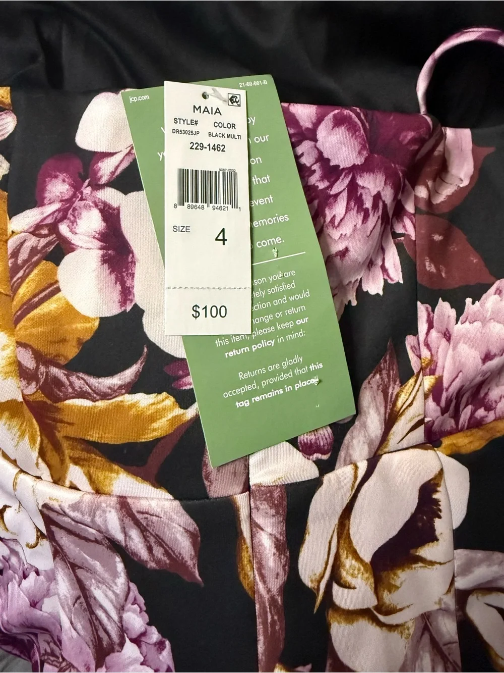 Floral Midi Sheath Dress in Black and Mauve with Gold Accents - Picture 3 of 3